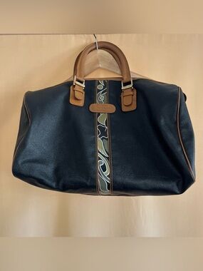 Black Leather Duffel Bag with Brown Trim and Olive Pattern Accent